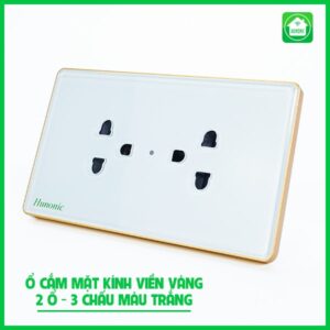 [Ổ Cắm Mặt Kính] 2 Ổ Có Tiếp Địa Màu Trắng Viền Vàng